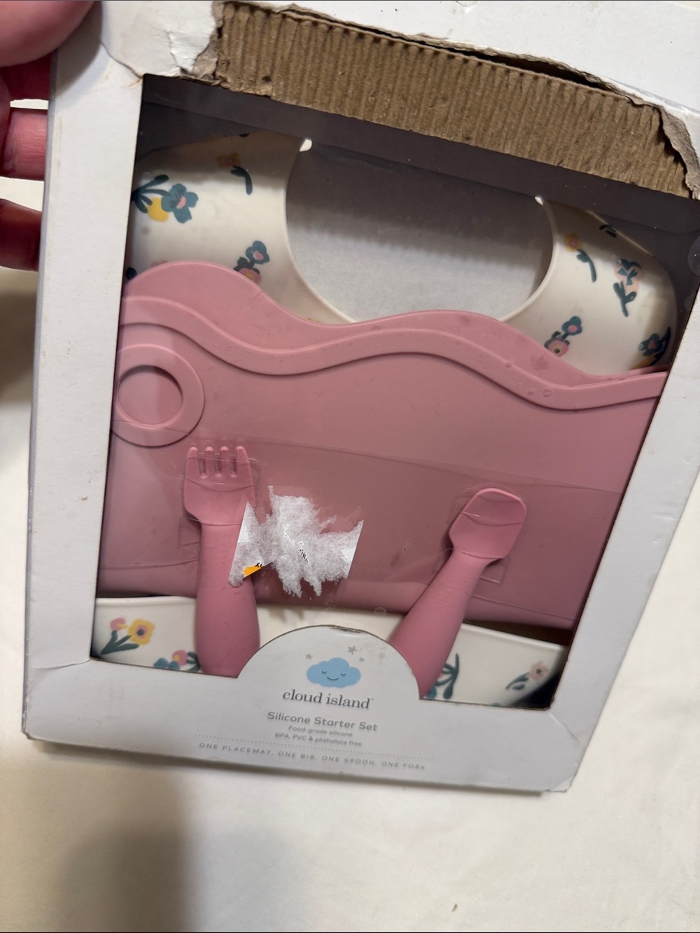 cloud island pink silicone bib and utensils set with floral accents
